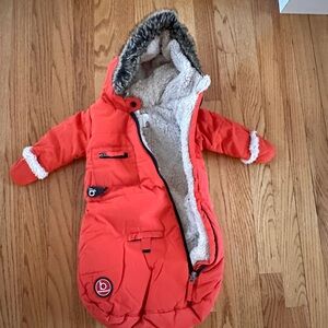 Like New Orange Baby Snowsuit Bunting with Faux Fur Hood - 0-3 Month